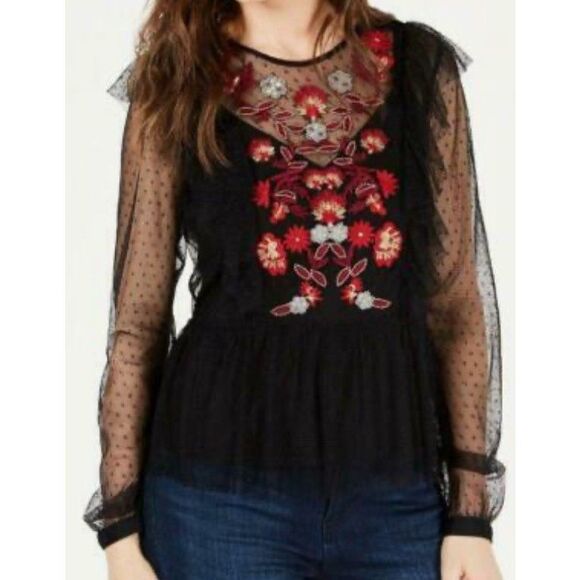 Tops - GUESS Sheer Mesh Blouse Small Black Polka Dot Embroidery Front Peplum Hem Gothic